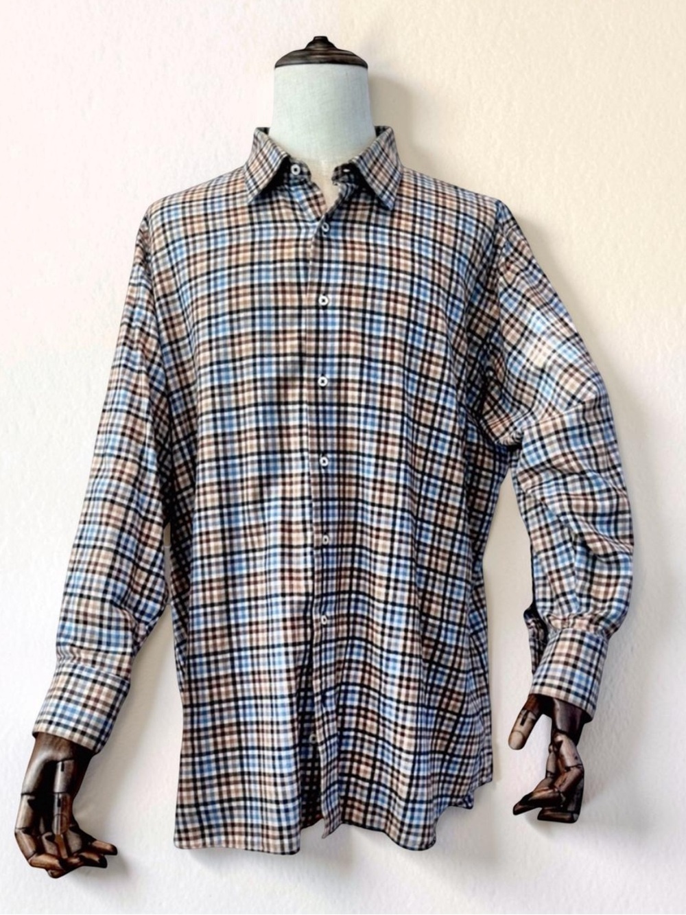 Tom James Men’s Button-Down Shirt. Brown, Blue, Tan. 17.5”
